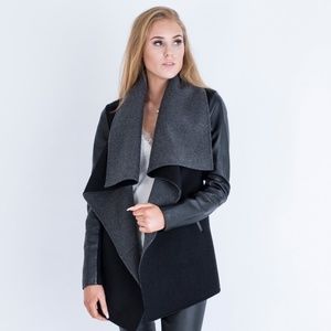 MACKAGE Vane Wool Draped Wrap Genuine Leather Sleeve Coat Jacket- Size Small